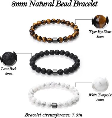 Чоловічі браслети з натурального каміння: тигрове око, лава, чорний онікс, бірюза. Набір 3-4 шт.