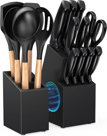 ACOQOOS 14-Piece Knife Block Set with Sharpener - Black Kitchen Knife Set