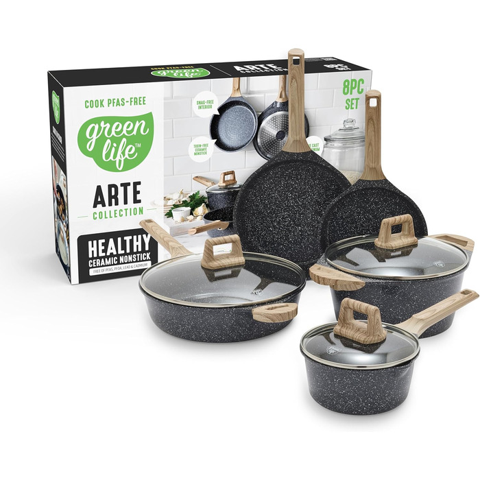 Набір кухонного посуду з кераміки (8 предметів), індукційний, без ПТФЕ, безпечний, для кухні, салатовий (середній, гранітний чорний)