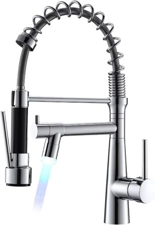 Змішувач кухонний LED Chrome з висувною лійкою, 360° обертання, 2 виходи, високий тиск