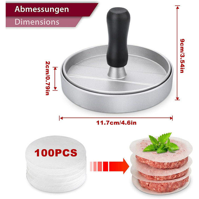 Пресс для бургерів HEPAZ з 100 аркушами паперу для випікання, набір для приготування бургерів та котлет з алюмінію з антипригарним покриттям