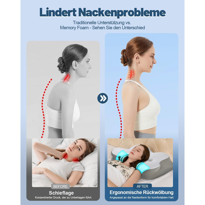 Ортопедична подушка для сну для тих, хто спить на боці, з зоною полегшення вух, з піною з пам'яті, для зняття болю в шиї, подушка для підтримки шиї, для спини/живота, темно-сіра