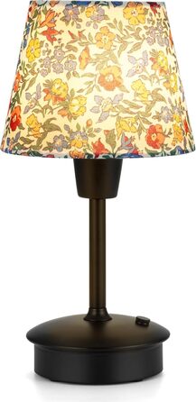 Акумуляторна настільна лампа: портативна, з регулюванням яскравості, для дому та саду. Тканинний абажур, античний метал, квітковий принт