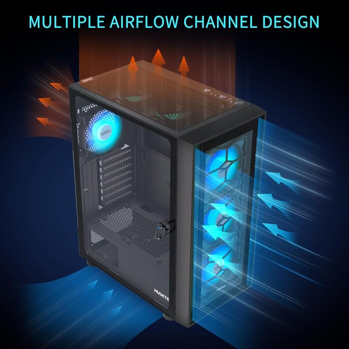 Корпус ПК MUSETEX G07 ATX з 6 вентиляторами ARGB, USB 3.0, чорний, Mid Tower для геймінгу