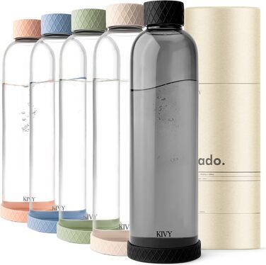 KIVY Glass Bottle 1 Liter with Silicone Protection [Extremely Shatterproof] Soda Bottle Glass 1l - Water Bottle Glass 1l - Glass Drinking Bottle - Glass Drinking Bottle 1l - Drinking Bottle made of Glass