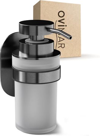 ovimar Soap Dispenser Veotind | Gunmetal | Wall Mounting without Drilling | Stainless Steel and Modern Glass | Large Opening | Suitable for Bathroom or Kitchen | Also Suitable as a Hand Sanitizer Dispenser