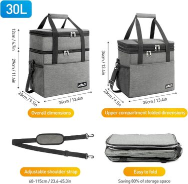 Термосумка Viedouce 30L: Ізольована сумка-холодильник для пікніків, кемпінгу та подорожей (сіра)