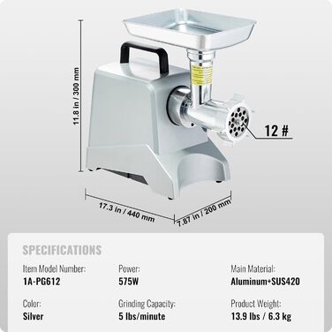 Електрична машина для фаршу VEVOR 1100W, 250 кг/год, з нержавіючої сталі, для ресторану, супермаркету, м'ясокомбінату