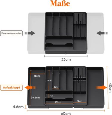 Органайзер для столових приборів Lifewit в шухляду, розсувний, з відділенням для ножів (40 см), чорний