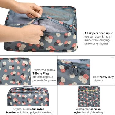 Органайзер для валізи Vicloon, набір 8/6 шт. - сумки-органайзери для подорожей, аксесуари для валізи, чохли для взуття, косметичні сумки, блакитний з квітковим принтом
