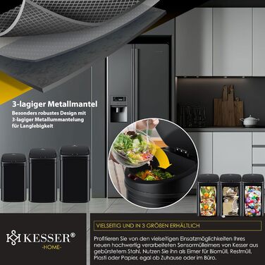 Відро для сміття KESSER® Sensor 40 л з автоматичним відкриванням, сенсором руху, м'яким закриванням кришки та LCD-дисплеєм. Нержавіюча сталь, з тримачем для мішка.