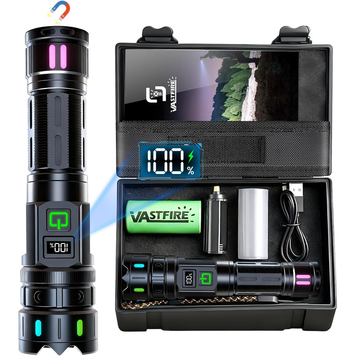 Ліхтар LED VASTFIRE 500000 люменів, тактичний, водонепроникний IP67, з LCD дисплеєм та магнітом, 30W, чорний
