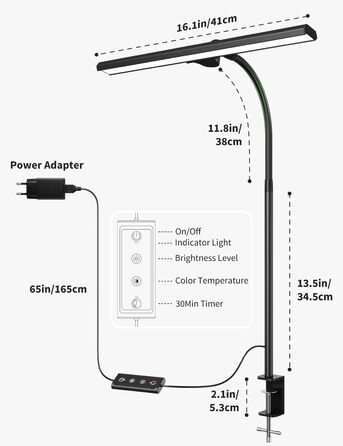LED лампа для столу Kary з регулюванням яскравості, 40см, 12W, для офісу, роботи, читання, захисту очей, дітей, 5 рівнів регулювання, 5 кольорів, таймер 60 хв, білий + металева клямка