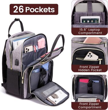 LOVEVOOK Рюкзак для дівчат та хлопців, водонепроникний, з відділенням для ноутбука 15.6 дюймів, для школи, подорожей, роботи. Серія Anti-Theft, сірий+чорний, Pu
