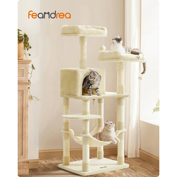 Дряпка для котів Feandrea, 112 см, багатоповерхова, з 11 стовпчиками, 2 платформами, будиночком та гамаком, 2 іграшками, PCT215W01