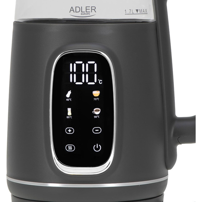 Електричний чайник Adler з регулюванням температури 2200W, 1.7L з LED-дисплеєм та сенсорною панеллю, 5 програм, функція підтримання тепла, фільтр, темно-сірий сріблястий колір