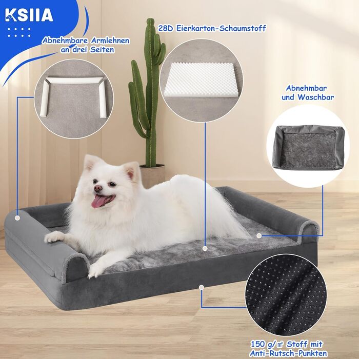 KSIIA Orthopedic Dog Bed for Large Dogs, 105x70x18cm, Removable and Washable Cover, XL Dog Couch with THREE Raised Edges, Non-Slip Bottom, Egg Crate Foam Dog Basket, (L 90 x W 57 x H 16 cm, Light Grey)