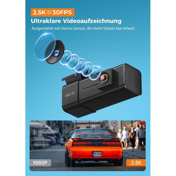 Відеореєстратор Veement Dashcam Auto Vorne 2.5K з WiFi, 1440P, 32GB SD, ParkWatch, Нічне Бачення, G-Sensor, Loop, APP, Чорний