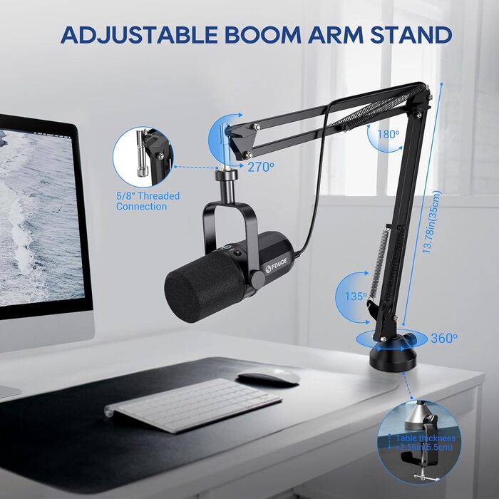 FDUCE SL40+ – динамічний мікрофон для подкастів, геймінгу та стрімінгу, USB/XLR, з кріпленням-жабою, вихід для навушників, кнопка вимкнення мікрофона, регулювання чутливості, чорний