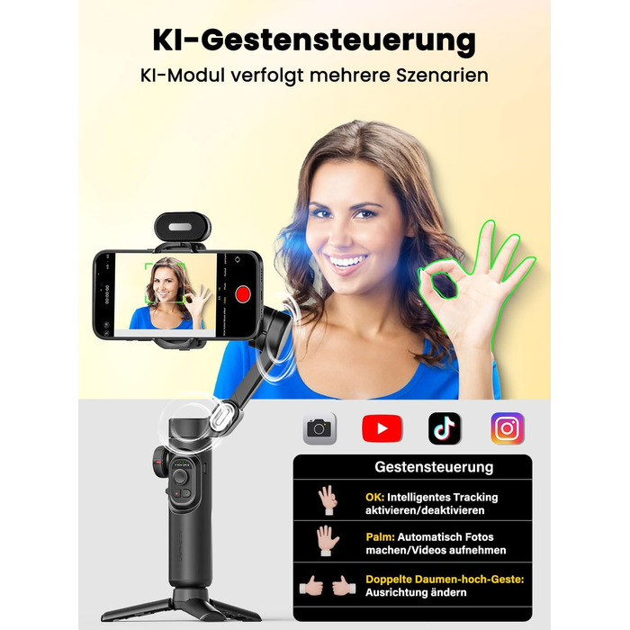 Стабілізатор для смартфона AOCHUAN 3-осьовий, складний, з фокусним колом, для iPhone та Android, Smart XE AI - для TikTok, YouTube, Vlog