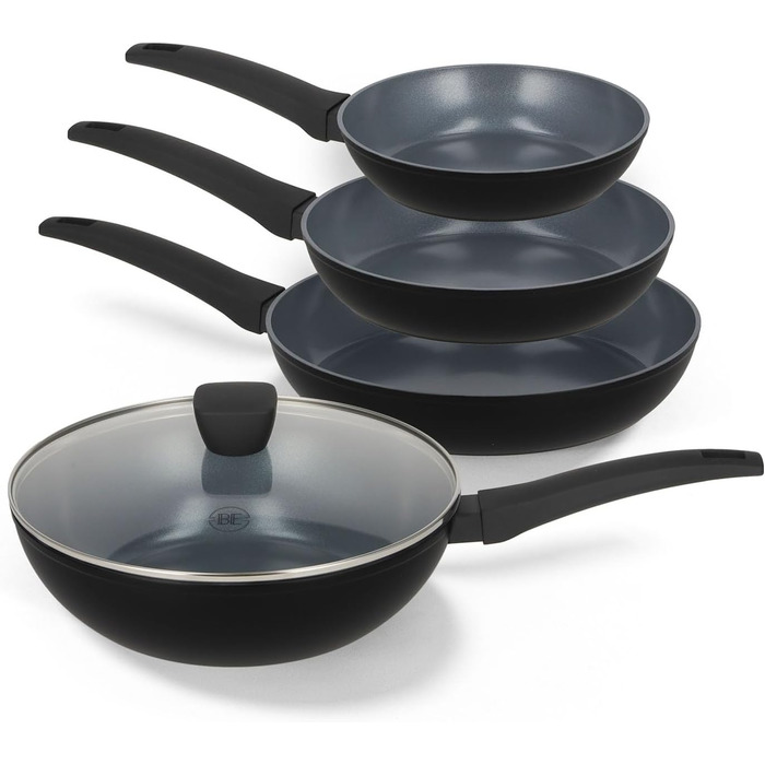 Набір сковорідок Be Living Delight 4 шт. (20/24/28 см + Вок 28 см з кришкою), антипригарне покриття кераміка, для індукційних плит, без PTFE та PFOA, чорний