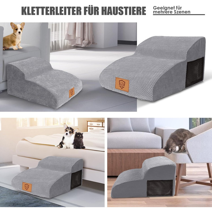 Myiosus Dog Stairs, 2 Steps Pet Staircase, Waterproof Dog Steps Made of Sponge, Non-Slip Dog Ramp for Sofa Bed, Dog Staircase with Washable Cover, Portable Cat Staircase