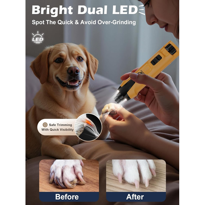 Електричний точилка для собачих кігтів Casfuy 6-Gang з потужним мотором 4.8V, тиха, з LED-підсвіткою та збирачем пилу. Ідеальний інструмент для догляду за домашніми тваринами.