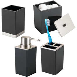 mDesign Plastic Bathroom Storage Jars, Vanity Decor Accessories, Countertop Organizer, Soap Dispenser, Toothbrush Holder, Lumiere Collection, 4-Piece Set – Black/Brushed