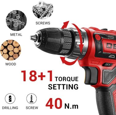 Акумуляторний шуруповерт-дрель DEKOPRO 20V 30 предметів: комплект з аксесуарами, 18+1 ступенів крутного моменту, ударний режим, 40Nm, з акумулятором та зарядним пристроєм