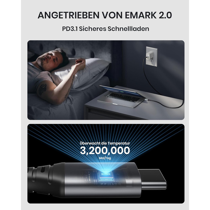 Кабель USB-C 240W, 2 шт. по 2м, PD, швидка зарядка, нейлон, з LED-підсвічуванням, чорний. Сумісний з iPhone, Samsung, Pixel, iPad, MacBook