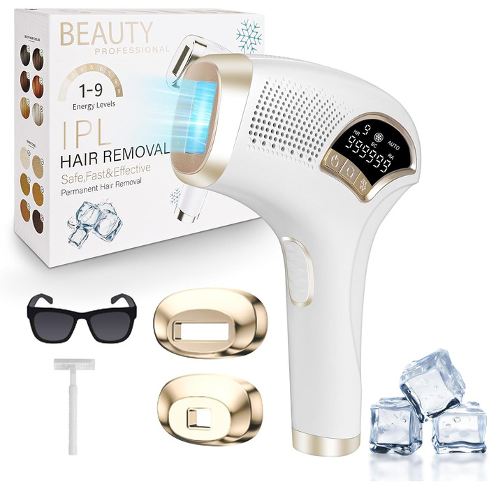 Епілятор ACWOO з охолоджувальною системою, безболісне видалення волосся, лазерний епілятор з 3 функціями HR/SC/RA, 9 рівнів потужності для жінок/чоловіків, обличчя, руки, зона бікіні, тіло, ноги, білий