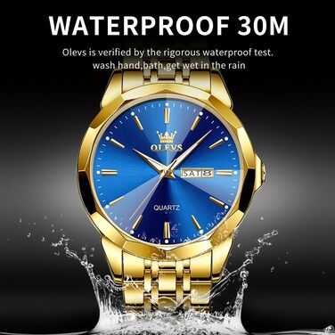Годинник чоловічий OLEVS Automatik Skelett з автопідзаводом, механічний, люкс, з діамантами, сапфірове скло, вологостійкий, браслет з вольфрамової сталі, золотий/блакитний, 3615-gold/Blau