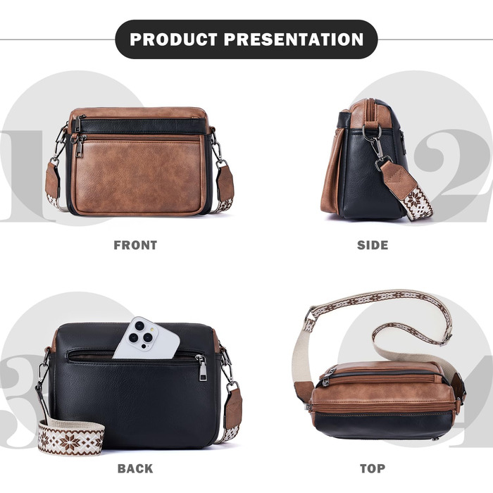 Сумка жіноча через плече MUIIKOLA середнього розміру, екошкіра, чорно-коричнева, з широким м'яким ременем