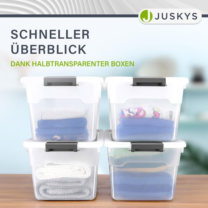 JUSKYS Storage Box with Lid - Set of 4 Plastic Boxes 45L - Large Box, Stackable, Transparent - Storage Organization System Storage Boxes