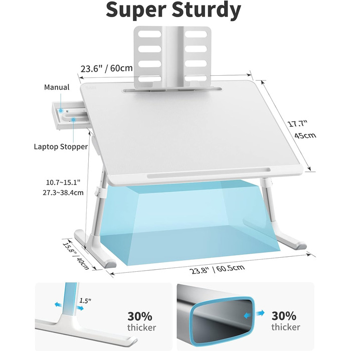 Регульований стіл-таблетка для ноутбука SAIJI з ящиком для зберігання - білий, X-Large