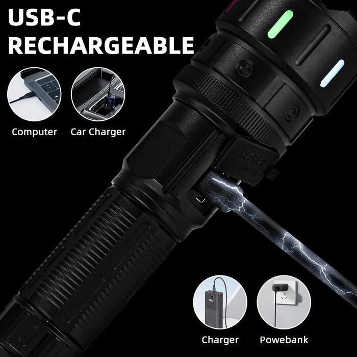 LED ліхтарик на акумуляторі, надзвичайно яскравий 1200000 люмен, з функцією зуму, тактичний, з 5 режимами світла, водонепроникний IP67, для кемпінгу, риболовлі, походів, активного відпочинку, чорний