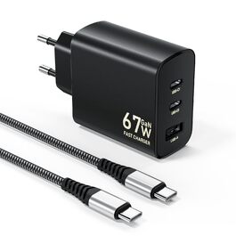 Зарядний пристрій USB-C 67W 3-Port PD PPS для MacBook, iPhone, Samsung Galaxy, iPad, Pixel - Чорний
