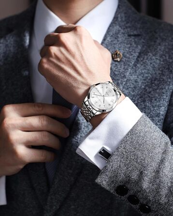 Годинник чоловічий PINDOWS Luxus: кварцовий, аналоговий, з датою, великий циферблат, водонепроникний, стильний, бізнес-годинник. Елегантний двоколірний годинник з нержавіючої сталі з підсвічуванням та календарем. Модель De650n5, срібний колір.