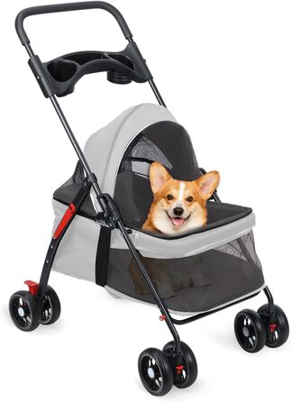 Foldable Pet Stroller for Small Dogs & Cats - 360° Swivel Wheels, Double Locking, Adjustable Canopy, Grey Mesh