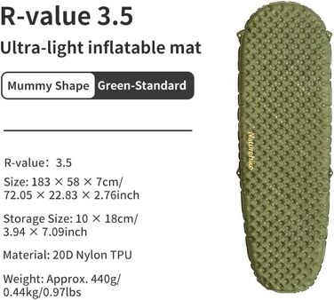 Naturehike Каремат самонадувний Ultraleichte 3.5R, Green - для кемпінгу, трекінгу, альпінізму та подорожей