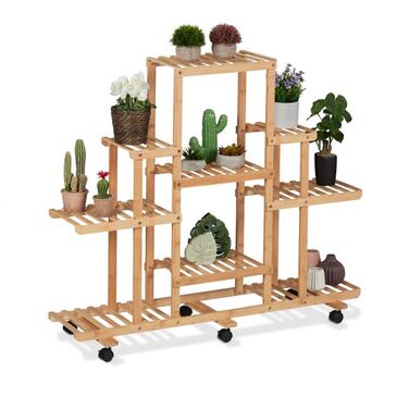 Relaxdays Bamboo Plant Shelf with Wheels