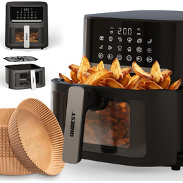 Фритюрниця ONBEST з великим оглядовим вікном та 12 програмами приготування – XL Airfryer об'ємом 6,5 л, 1600 Вт + 100 листів пергаментного паперу для випікання. Готування без олії для 2-5 осіб