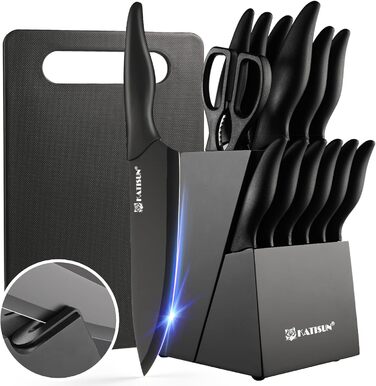 KATISUN 16-Piece Japanese Steel Knife Set with Block - Includes Sharpener, Cutting Board & Kitchen Shears - Dishwasher Safe