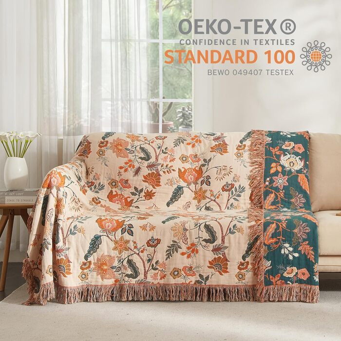 SE SOFTEXLY Boho плед з 100% бавовни – двосторонній мусліновий плед 150x200 см, м'який плед на диван та ковдра на ліжко, естетичний дизайн, ідеальний для вітальні та спальні, Orange/Grün Blütentraum (230 x 250 cm, Blütentraum)