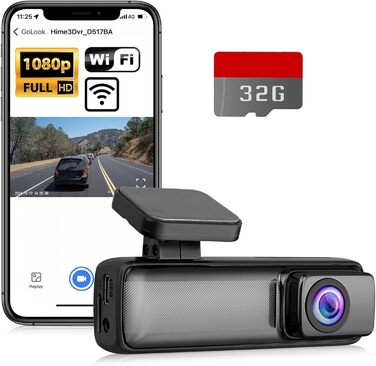 eSynic Міні відеореєстратор (Dashcam) Auto WiFi 1080P Full HD – 160° Широкий кут, Нічне бачення, G-сенсор, Паркувальний режим, Керування через App, WiFi, 32GB SD-карта в комплекті