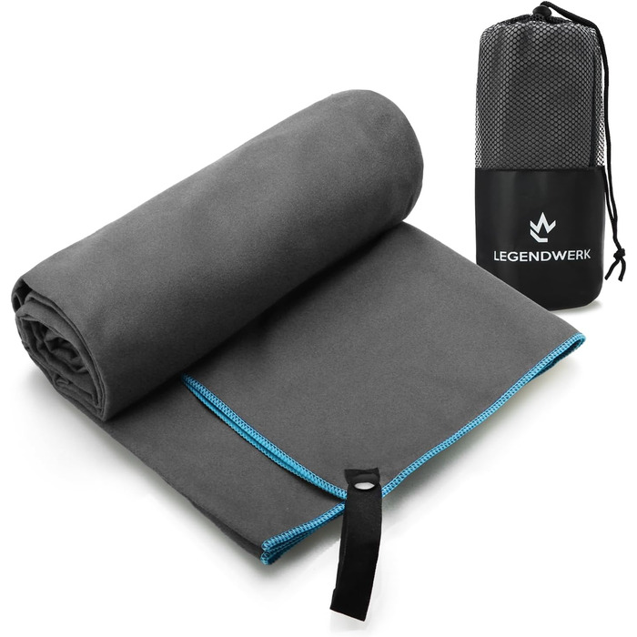 Рушник мікрофібри Legendwerk® 160x80 см – швидковисихаючий, компактний – для подорожей, фітнесу, міста та відпочинку на природі – легкий, стильний, з сумкою та петлею для підвішування, сірий, 1 шт.