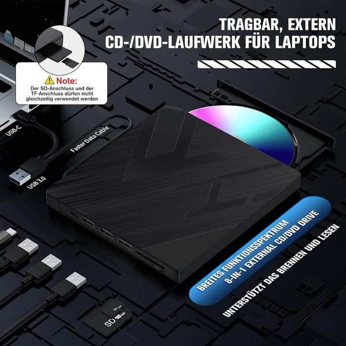 Зовнішній CD/DVD привід varkda USB 3.0 та USB-C, портативний оптичний накопичувач та записувач для ноутбука, ПК, Mac, Windows, Linux (8 в 1, чорний)