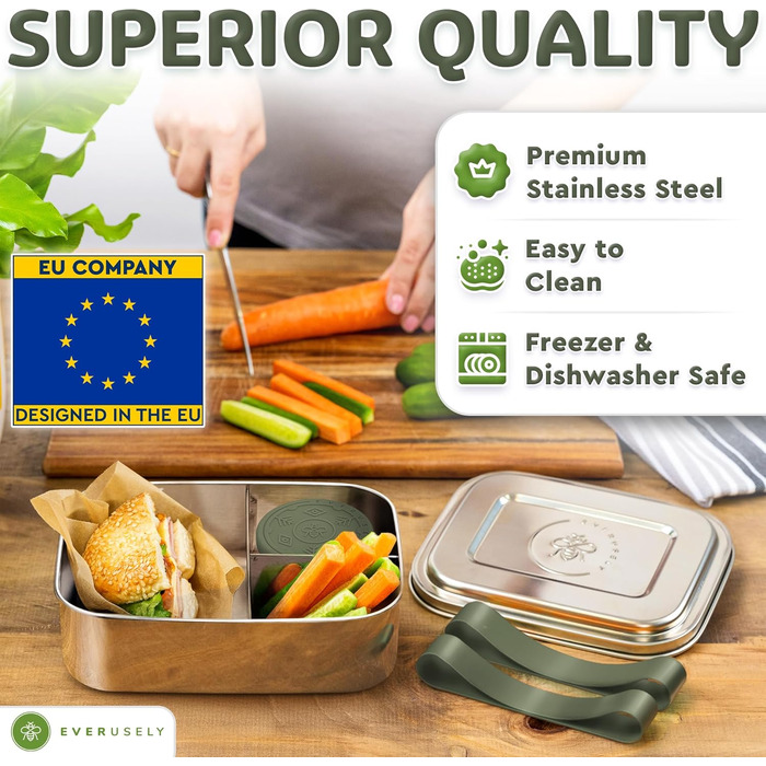 Everusely Ланчбокс Bento Box 0,8 л з нержавіючої сталі з контейнером для спецій та органайзером для перекусів (3 відділення)