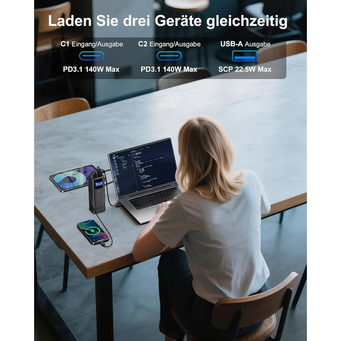 Power Bank AsperX 20000mAh, 165W, USB-C Кабель, для MacBook, Dell, HP, Lenovo, iPad, iPhone, Galaxy