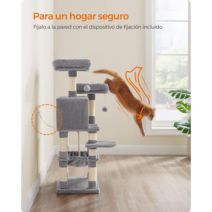 Дерево для дряпання Feandrea, 112 см, багатоповерхове, з 11 стовпчиками для дряпання, 2 платформами, будиночком та гамаком, 2 іграшками, сірий, PCT215W01